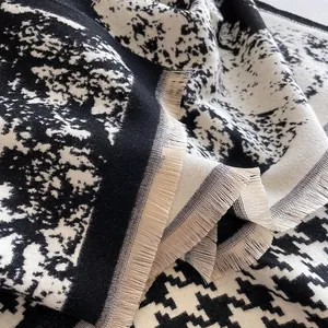 Houndstooth black and white double-sided knitted thick scarf with fringe tassels