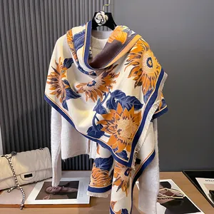 Women's Sunflower Jacquard Scarf Cashmere-like Soft Shawl Winter Warm Wrap Large Floral Pashmina With Tassel Decorative Blanket