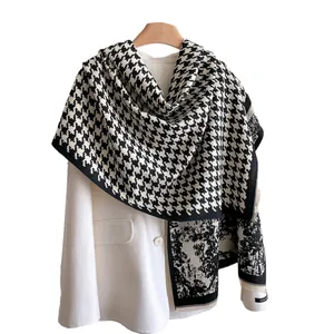 Classic black and white houndstooth scarf with artistic landscape print and fringe