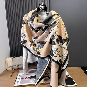Women's sunflower jacquard scarf with fringe and warm shawl design in earth tones