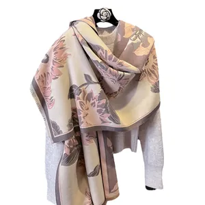 Women's sunflower jacquard warm shawl with fringe edge for autumn and winter outfits