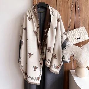 Women Vintage Cashmere-like Scarf Jacquard Bee Floral Shawl Double Sided Warm Winter Wrap With Tassels Soft Scarf Jewelry
