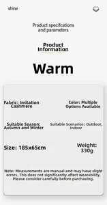Detail list of women's cashmere-like scarf with 330g weight and 185x65cm size specs