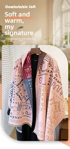 Detail of soft faux cashmere scarf with ethnic geometric patterns and fringed edges