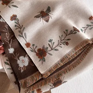 Vintage jacquard cashmere-feel scarf with bee embroidery and floral fringe details