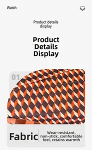 Detail view of the warm cashmere-feel fabric with orange and brown geometric diamond pattern