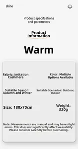 Detailed spec sheet showing 180x70cm cashmere scarf dimensions and winter material