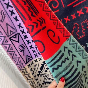 Ethnic pattern thick shawl scarf with vibrant purple and red tribal geometric designs