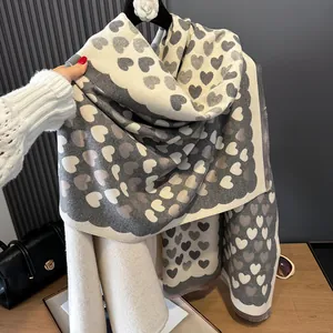 Women Sweet Heart Pattern Faux Cashmere Scarf Thick Warm Winter Shawl Korean Style Soft Jacquard Wrap With Tassels