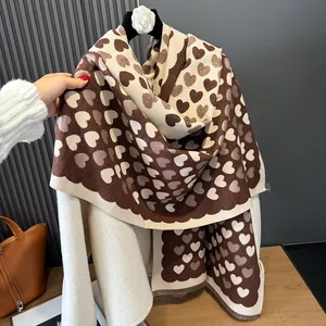 Cute cream and brown heart pattern cashmere scarf with soft fringes for winter