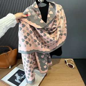 Pink and gray heart pattern cashmere scarf with tassels for winter fashion style