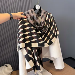 Classic vintage diamond pattern cashmere-feel scarf with tassels in brown and black