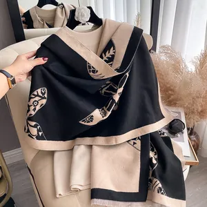 Double-sided floral cashmere feel scarf and knitted shawl with butterfly patterns