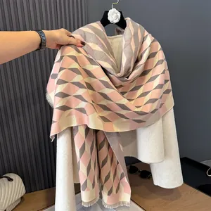 Pink and gray geometric argyle pattern cashmere-feel scarf with elegant fringe detail