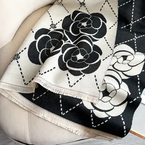 Elegant black and white camellia print scarf with fringe for women in autumn and winter