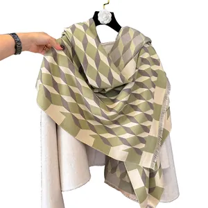 Faux cashmere shawl featuring 3D geometric diamond print and soft fringe trim in olive green