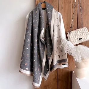 Elegant butterfly print double-sided cashmere scarf in grey and beige with tassels