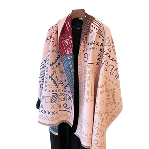 Ethnic geometric print cashmere-like shawl with fringe hem in light pink and burgundy