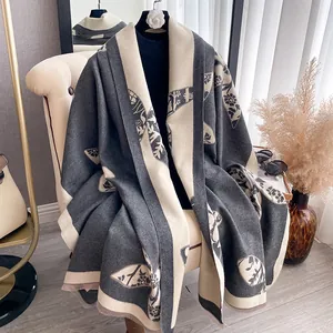 Women Double Sided Flower Butterfly Print Faux Cashmere Scarf Large Thick Warm Shawl With Tassel Fringe For Winter Office Daily Wrap