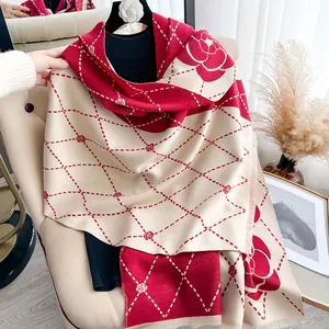 Elegant camellia cashmere-like scarf with rhombus pattern and soft fringe finish