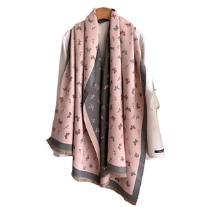 Elegant butterfly print double-sided pink and grey cashmere-like winter scarf with tassels