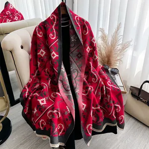 Retro ethnic pattern red cashmere-like scarf shawl with elegant geometric jacquard design