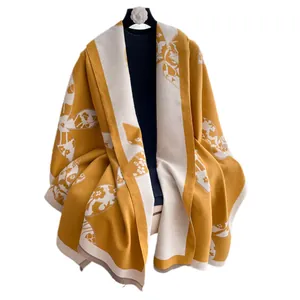 Double-sided floral cashmere scarf in yellow and cream with bold flower pattern