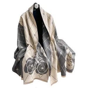 Thick camellia pattern cashmere-like scarf with fringe edges and diamond grid print