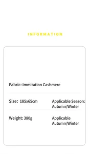Spécifications de taille et de matière pour l'écharpe en cachemire de 185x65cm