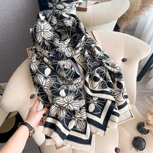 Classic black and beige patterned winter scarf and shawl for women in thick knit material