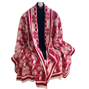 Fashionable red and white floral jacquard cashmere shawl with tassel trim for winter