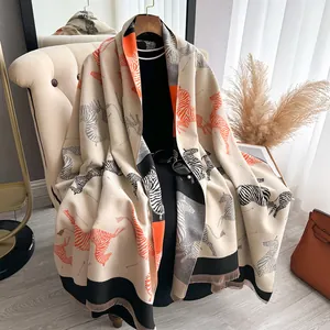 Women Zebra Print Color Block Scarf Winter Thickened Shawl Imitation Cashmere Tassel Warm Wrap Fashion Pashmina Cloak