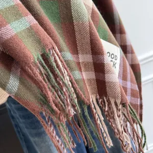 Thick plaid cashmere-like scarf with vintage British check pattern and fringe tassel