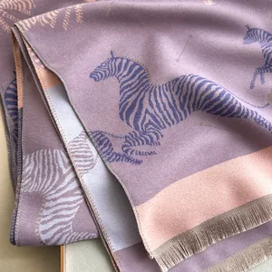 Fashionable zebra pattern shawl in lavender purple and pink orange with fringe