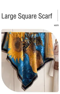 Macro detail of faux cashmere square scarf featuring sunflower oil painting print and fringe