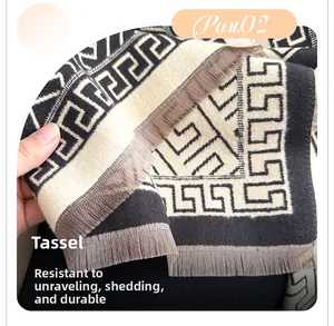 Macro view of geometric scarf fringe details and high-quality double-sided knit fabric
