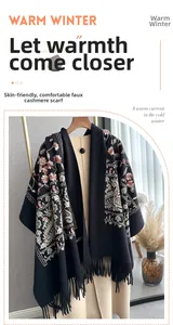 Detailed embroidery of colorful floral patterns on black cashmere feel winter shawl
