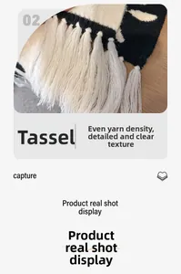 Close-up of high-density knit fabric texture and white fringe tassels on the scarf