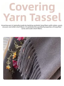 Detail of grey floral embroidered shawl with fringe edges and premium core-spun yarn texture