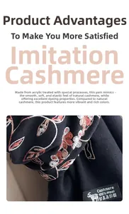 Detailed view of floral embroidery on thick black imitation cashmere scarf with wash label