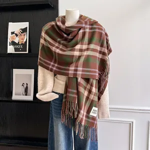 Thick plaid cashmere-feel scarf with tassels and Good Luck patch for winter