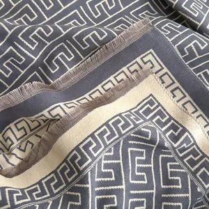 Double-sided Greek Key geometric scarf with tassels in grey and cream cashmere feel