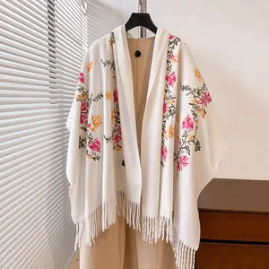 Vintage Flower Embroidered Faux Cashmere Scarf For Women Winter Thick Warm Tassel Shawl Wrap Ethnic Floral Long Scarf