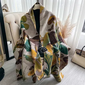 Thick butterfly cashmere feel shawl with mushroom floral prints and short fringe