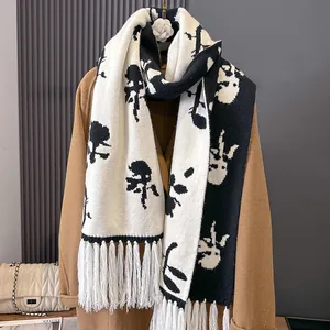 Women's Fashion Knit Floral Scarf Autumn Winter Thick Warm Faux Cashmere Scarf With Tassels Black White Rose Pattern Shawl