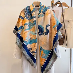 Women's Artistic Oil Painting Faux Cashmere Scarf Large Square Shawl Winter Warm Tassel Scarf Van Gogh Sunflower Print Scarf Thick Wrap
