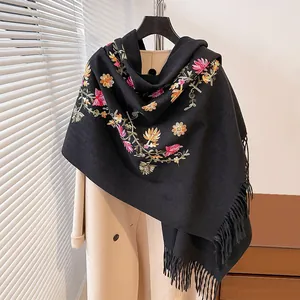Black floral embroidered thick cashmere shawl with fringe, elegant autumn winter warm scarf