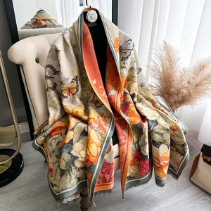 Women Vintage Butterfly Floral Print Imitation Cashmere Shawl Thick Warm Winter Scarf With Tassel Wrap For Autumn Winter