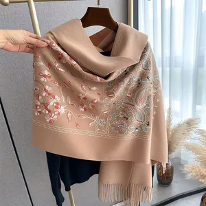 Ethnic embroidered cashmere shawl with floral paisley patterns and tassel trim