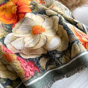 Thick cashmere butterfly flower shawl with elegant jacquard fringe and warm orange tones